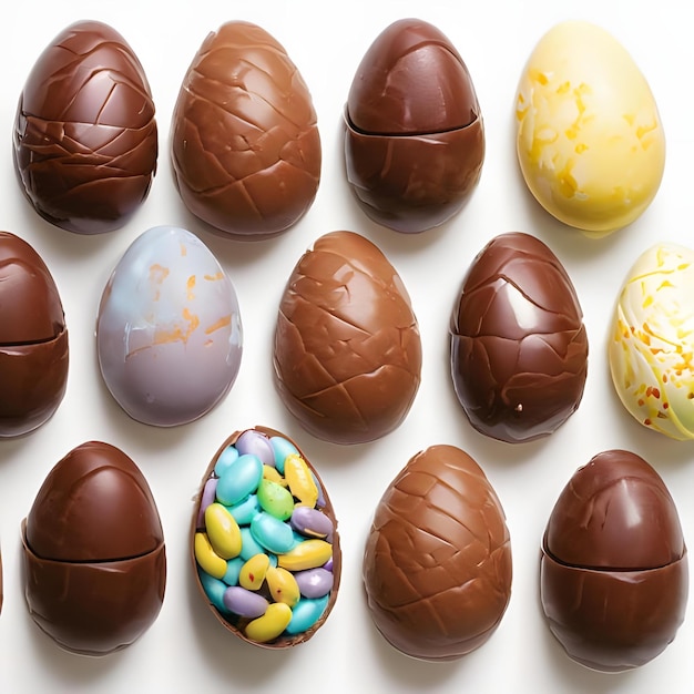 Top View Shot Collection Chocolate Easter Eggs White Background