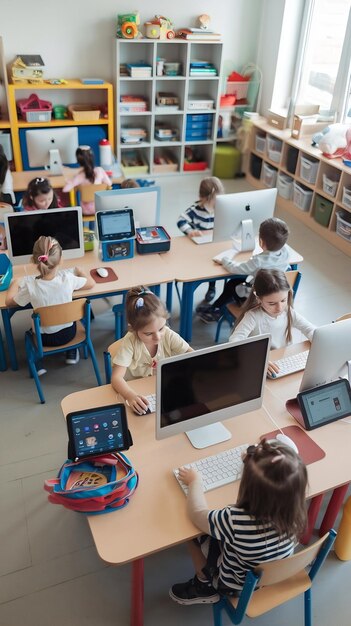 Photo top view shot in elementary school computer science classroom children sitting at their school des