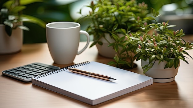 top view shot of a keypad notepad pen a cup of hot coffee and a plant on white table