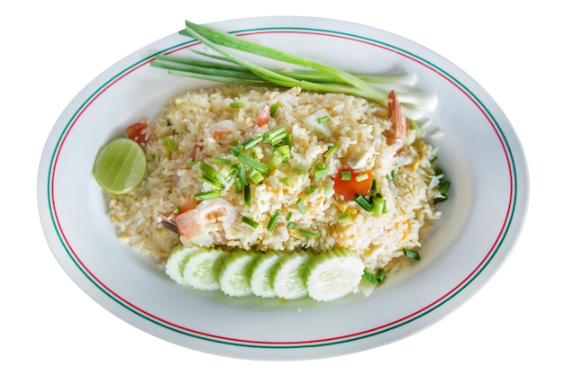 Top view of Shrimp fried rice with assorted vegetables focus selective