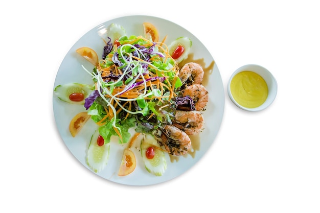 Top view of Shrimp salad with Lemon sauce focus selective