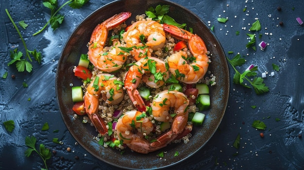 Top view of shrimp steak on a bed of quinoa salad with chopped vegetables and a sprinkle of fresh herbs A healthy and nutritious seafood meal