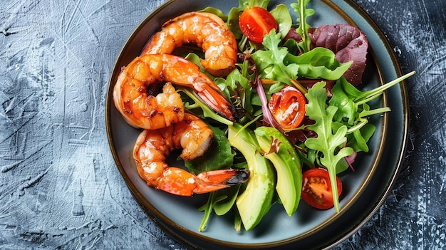 Top view of shrimp steak served with a side of mixed greens cherry tomatoes and avocado slices on a ceramic plate Healthy and delicious seafood dish