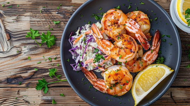 Top view of a shrimp steak with a crispy golden crust served with a side of coleslaw and a lemon wedge on a wooden table