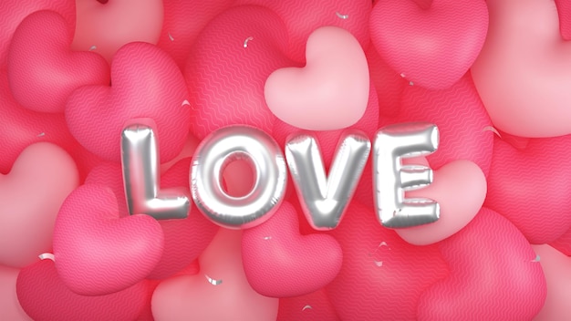 Top View Of Silver Foil Love Font With Confetti On Pink Glossy Hearts Pattern Background In 3D Render