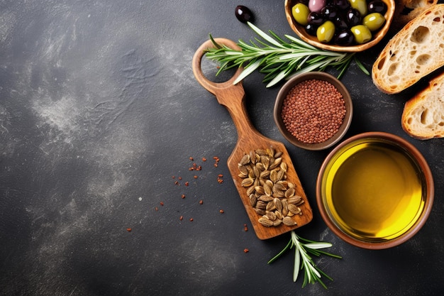 Top view of sliced bread rosemary olives and olive oil on a cutting board with concrete background a