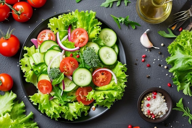 Top view sliced vegetable salad inside plate on dark grey background