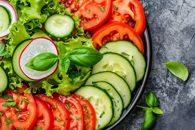 Top view sliced vegetable salad inside plate on dark grey background