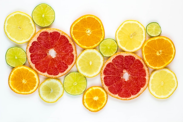 Top view of slices of citrus fruits.