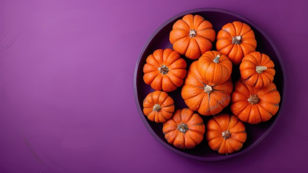 Top View of Small Orange Pumpkins on Purple Background Fall Harvest Seasonal Concept