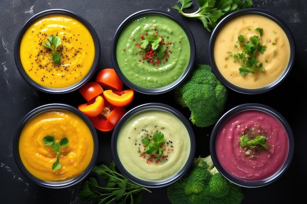 Top view of small pots with a variety of colorful vegetable cream soups Depicting the concept of hea