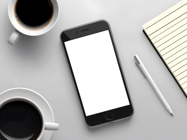 Photo a top view of a smartphone pen and two coffee cups on a white desk