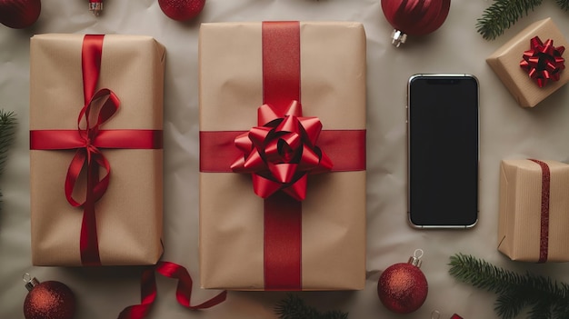 Top view of smartphone red giftbox with ribbon bow on white background