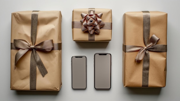 Top view of smartphone red giftbox with ribbon bow on white background