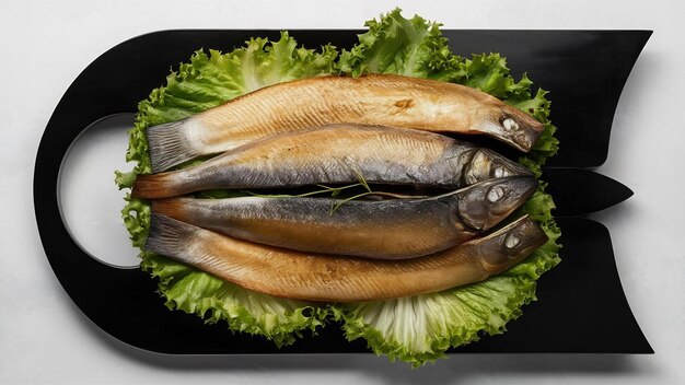 Top view of smoked fish served with lettuce on black serving board