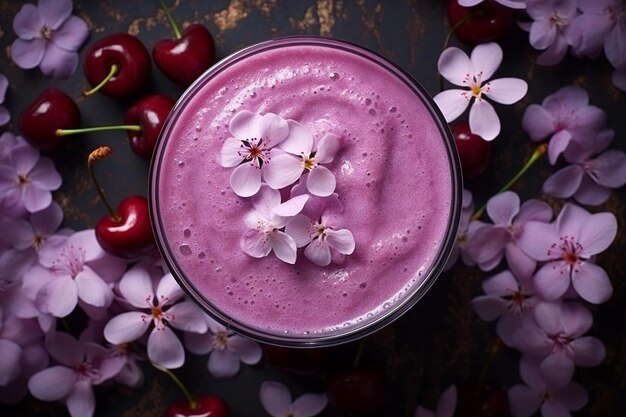 Top view smoothie with cherries and hyacinth