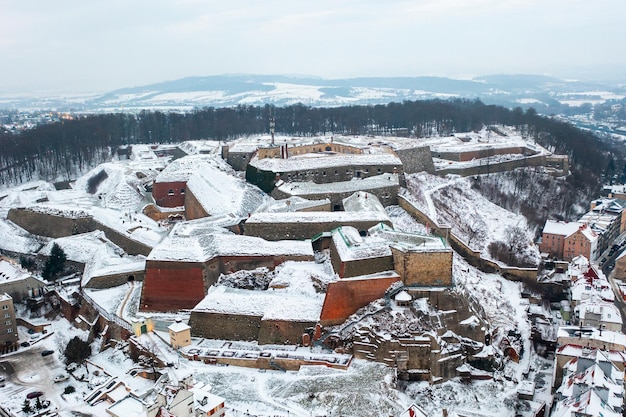 Top view of snowy white fortress winter landscape in Klodzko city Poland