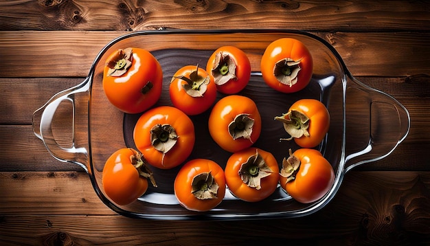 Top view of soft and juicy persimmons on a clear plastic bowl on a wooden surface