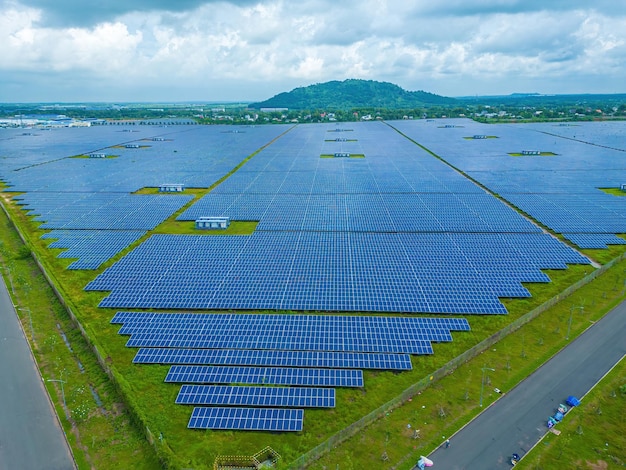 Top view of Solar panels on farm Alternative source of electricity solar panels absorb sunlight as a source of energy to generate electricity creating sustainable energy