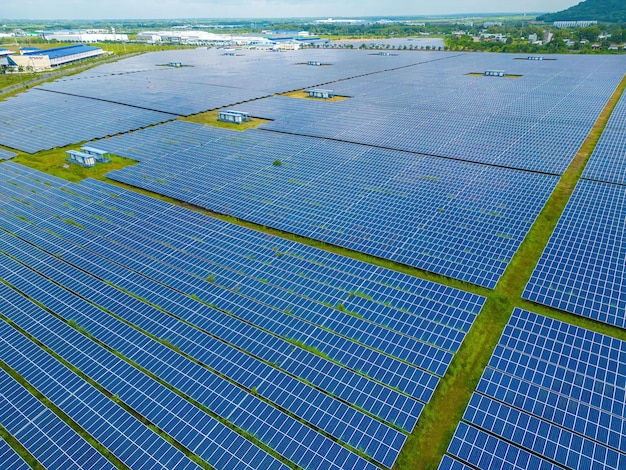 Top view of Solar panels on farm Alternative source of electricity solar panels absorb sunlight as a source of energy to generate electricity creating sustainable energy