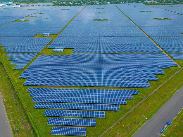 Top view of Solar panels on farm Alternative source of electricity solar panels absorb sunlight as a source of energy to generate electricity creating sustainable energy