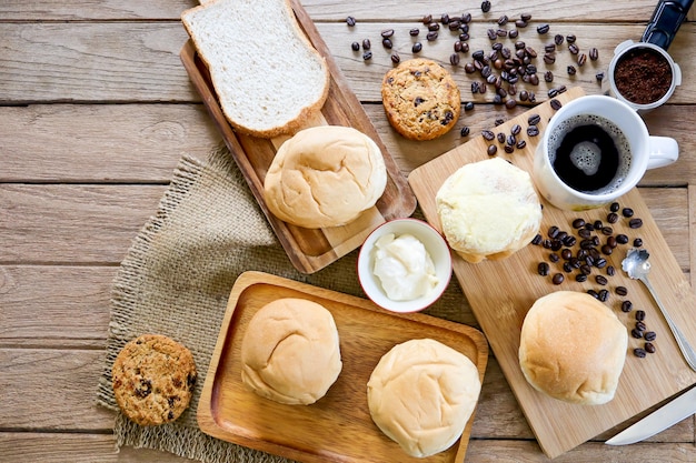 Top view of some freshly bakery with hot fresh coffee espresso for breakfast concept.