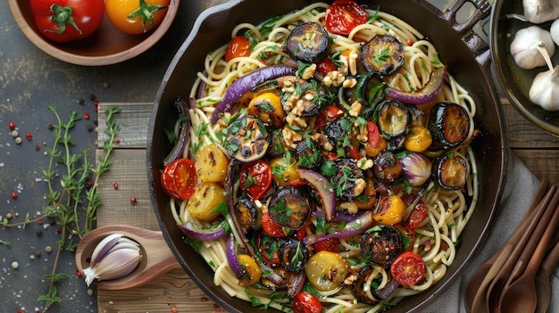 Top view of spaghetti with roasted vegetables and a garlic and olive oil dressing