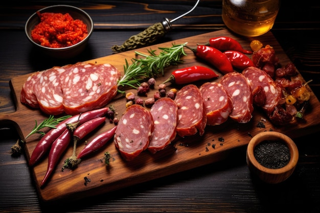 Top view of Spanish sausages sliced salami fuet and chorizo on a black wooden board