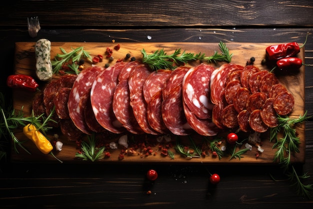 Top view of Spanish sausages sliced salami fuet and chorizo on a black wooden board