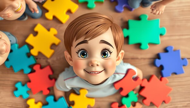 Photo top view of special kid with autism among another and pieces of bright colorful puzzle on wooden