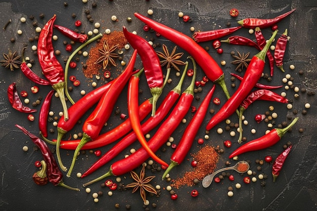 Top view spices and chillies on black background