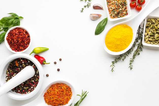 Top view spices powder and condiments 