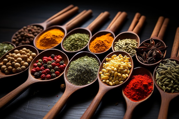 Top view spices in spoons