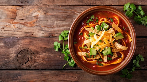 Top view of a spicy bowl of tortilla soup topped with avocado cheese and tortilla strips on a rustic wooden table