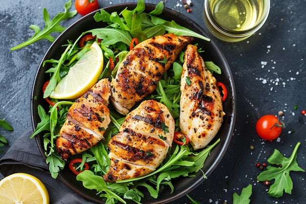 Top view of spicy chicken with lettuce and lemon in a pan on the table