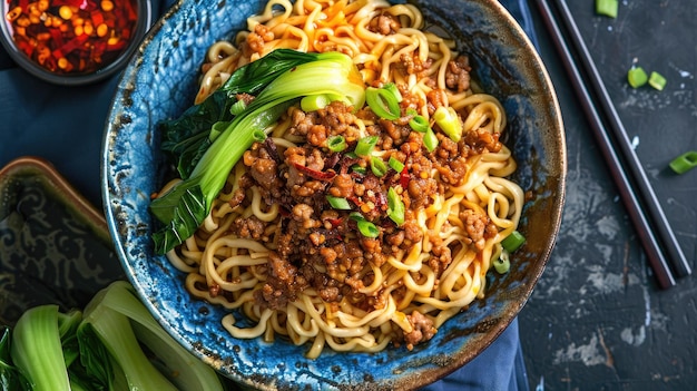 Photo top view of spicy sichuan noodles with minced pork chili oil and bok choy in a blue bowl