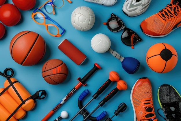 Photo top view sport equipment assortment