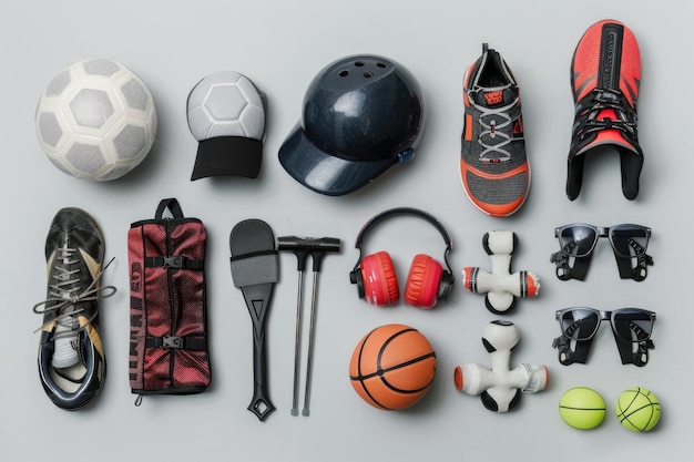 Photo top view of sports equipment on white background