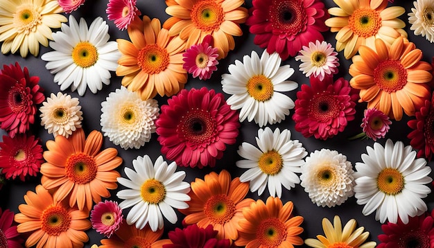 Top view of spring daisies and gerberas