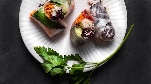 Photo top view of spring rolls concept