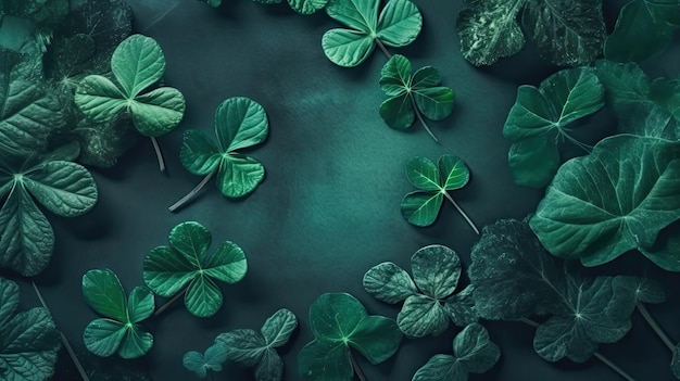 Top View of St Patrick's with green hat and green leaves on pastel background