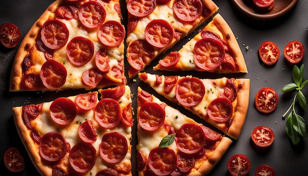 Photo top view of stack pepperoni pizza slices