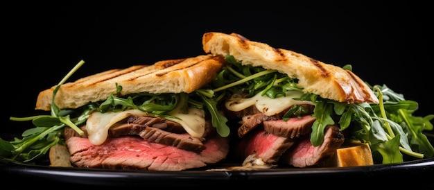 Top View of a Steak Sandwich with Sliced Roast Beef Arugula and Cheese on a Black Background