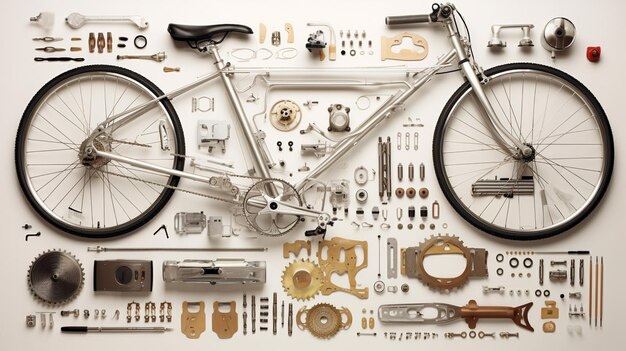 top view still life of bicycle parts and equipment on white backgroundGenerative AI