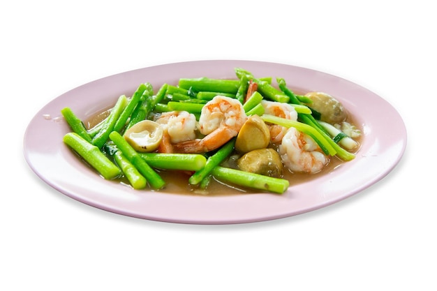 Top view of Stir Fried Shrimp with Asparagus focus selective