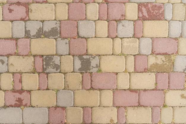 Top view on stone road close up Brown square cobblestone sidewalk Mock up or vintage grunge texture