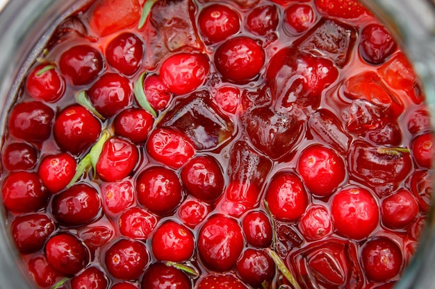 Top view of Strawberry and cranberries cooling drink