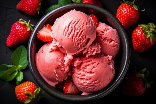 Top view strawberry ice cream dessert