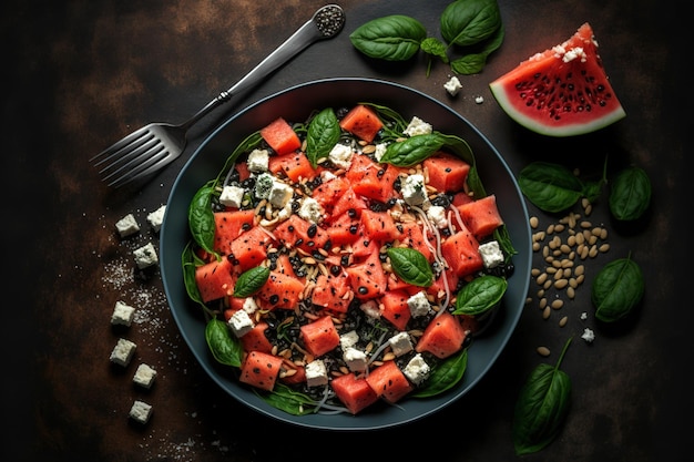 Top view of a summer watermelon salad bowl with feta cheese spinach and black sesame seeds against a dark table background