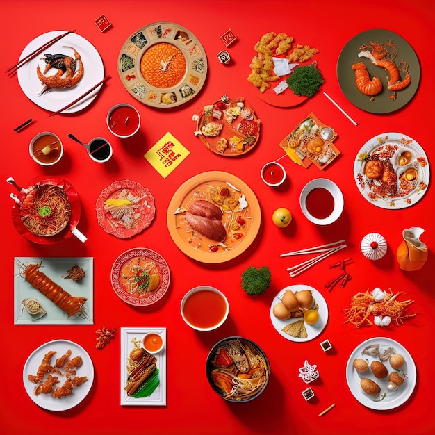 Top view of table dinner chinese Knolling photography of chinese dinner new year vibrant Vietnamese Traditional Meal in Country side Flat lay